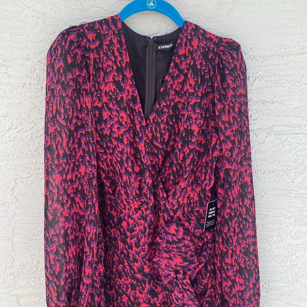 NWT Express Abstract Print Faux Wrap Ruffle Mini Dress Sz M - Picture 7 of 14